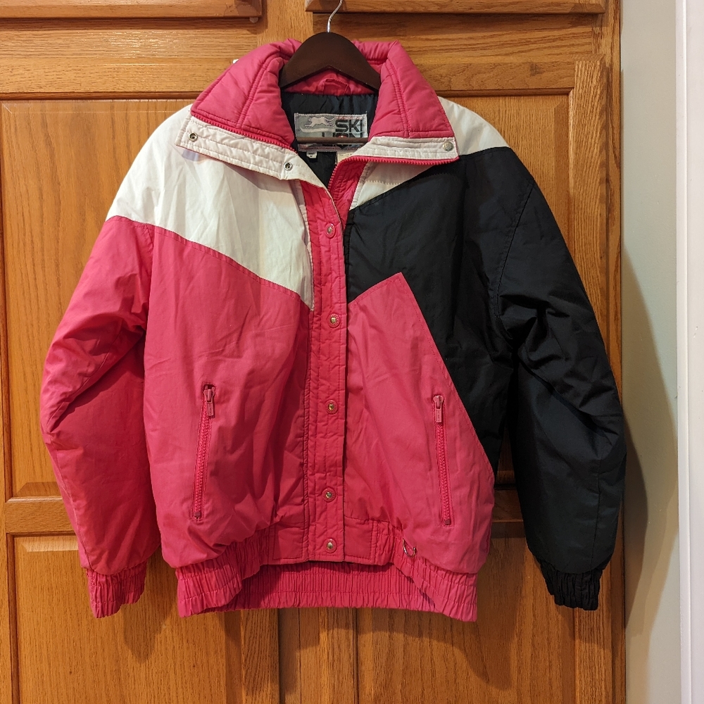 Vintage 80s Ski Lion Pink Black White Women size M Puffer Jacket winter coat win